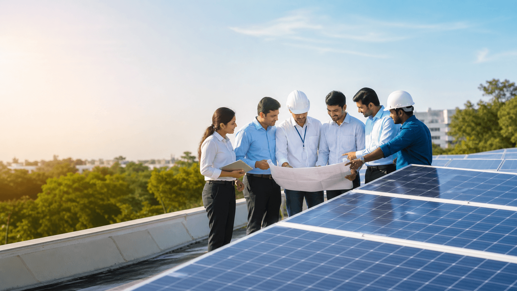Solar association members discussing rooftop solar panels